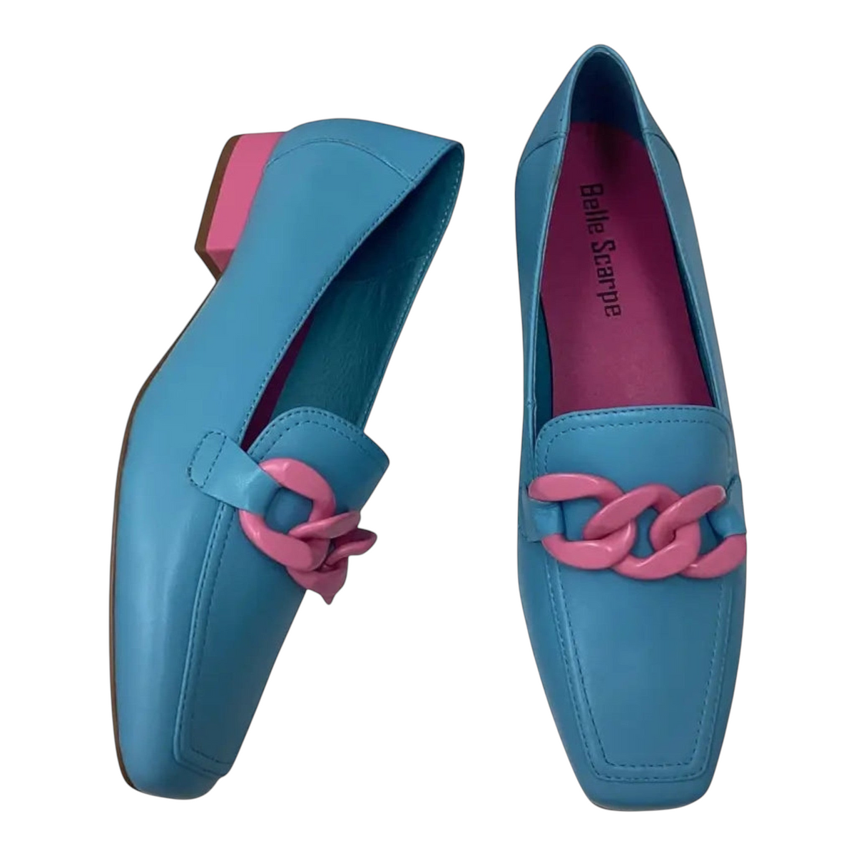 The Shoe Shop Belle Scarpe Roam blue leather loafers with a pink chain detail and contrast pink block heel.