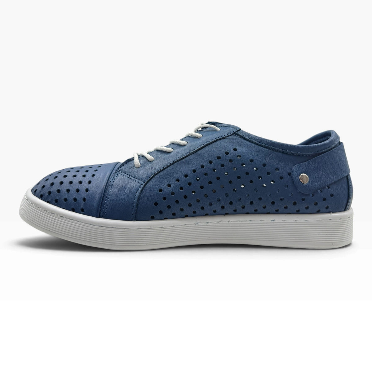 The Shoe Shop Cabello EG17 blue leather sneaker with a punched upper, white laces, and a flexible thermo rubber sole.