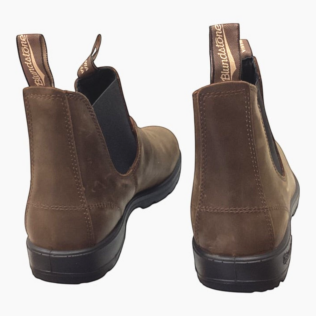 The Shoe Shop Blundstone 1609 antique brown leather Chelsea boots with black elastic sides and pull tabs, rear view