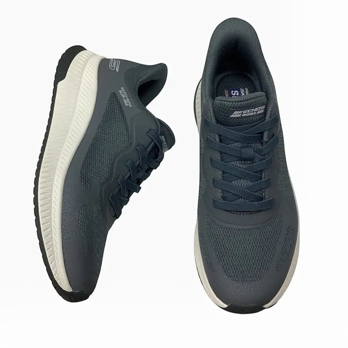 The Shoe Shop Skechers BOBS Squad 4 dark grey mesh slip-on sneakers with white shock-absorbing midsoles.