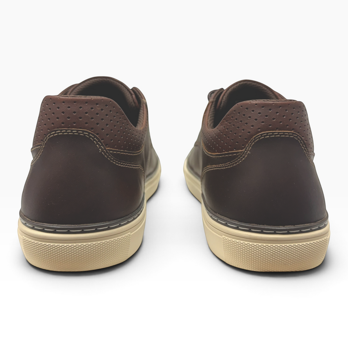 The Shoe Shop Border men's brown leather sneakers showing the back view with embossed heel detail and rubber soles.