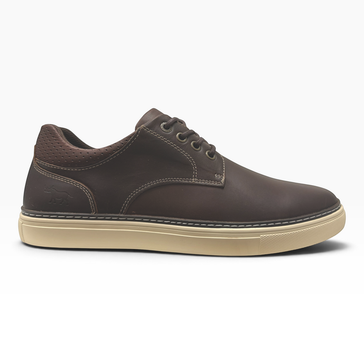 The Shoe Shop Border men's dark brown full-grain leather sneaker with a beige rubber sole and embossed heel detail.