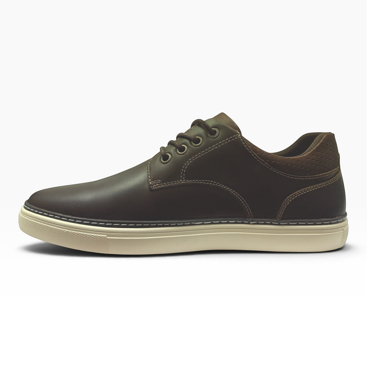 The Shoe Shop Border men's brown full-grain leather sneaker with embossed heel detail and white rubber outsole.