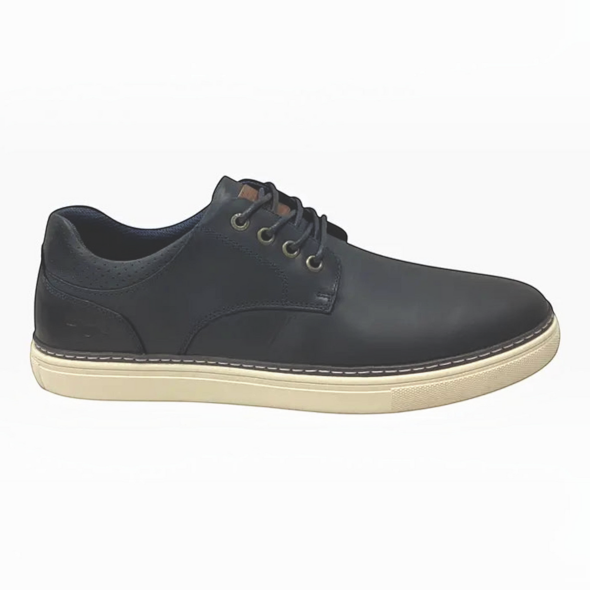 The Shoe Shop Border men's navy blue full-grain leather sneaker with a white rubber sole and embossed heel detail.