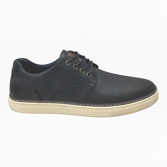 The Shoe Shop Border men's navy blue full-grain leather sneaker with a white rubber sole and embossed heel detail.
