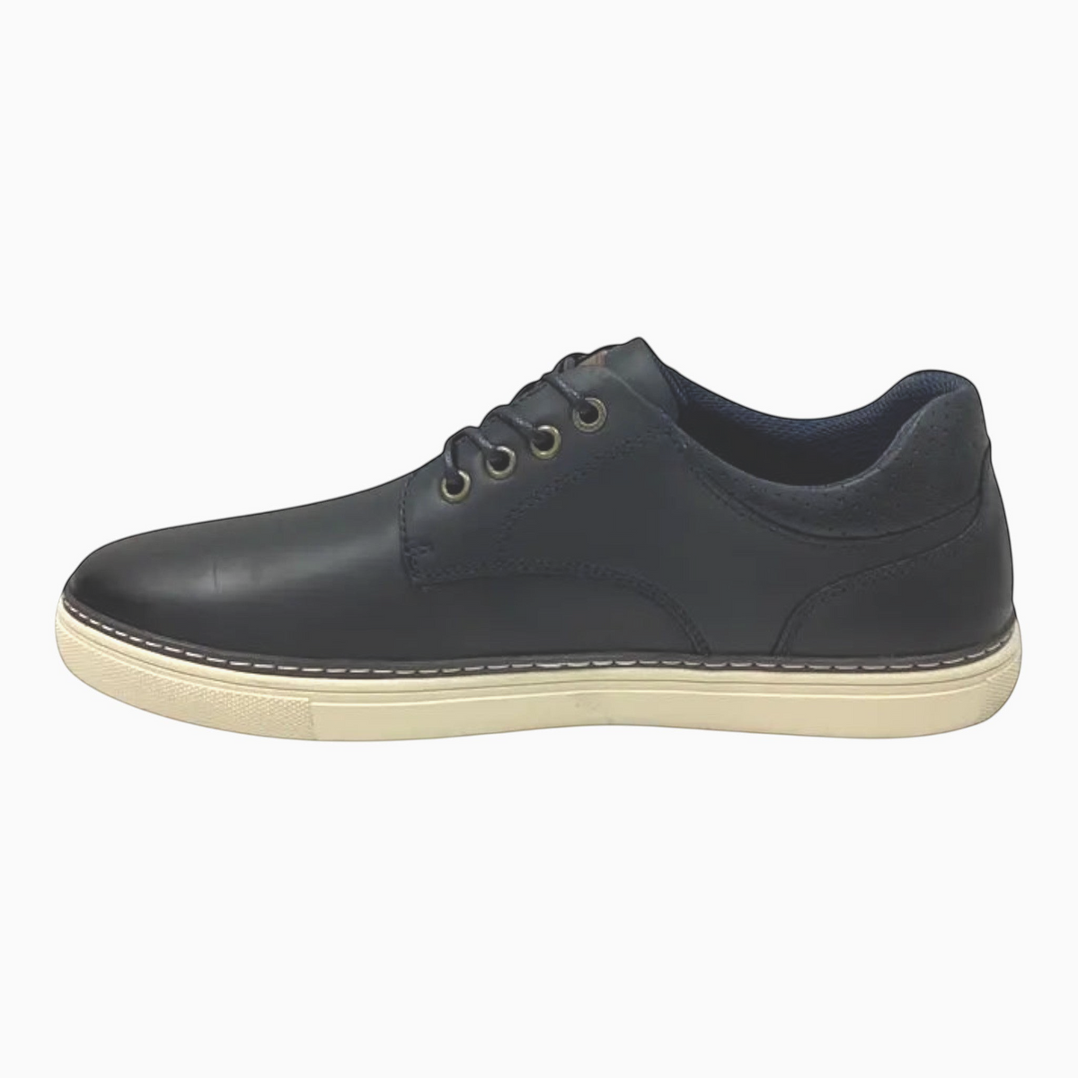 The Shoe Shop Border men's navy full-grain leather sneaker with a white rubber outsole and embossed heel detail.