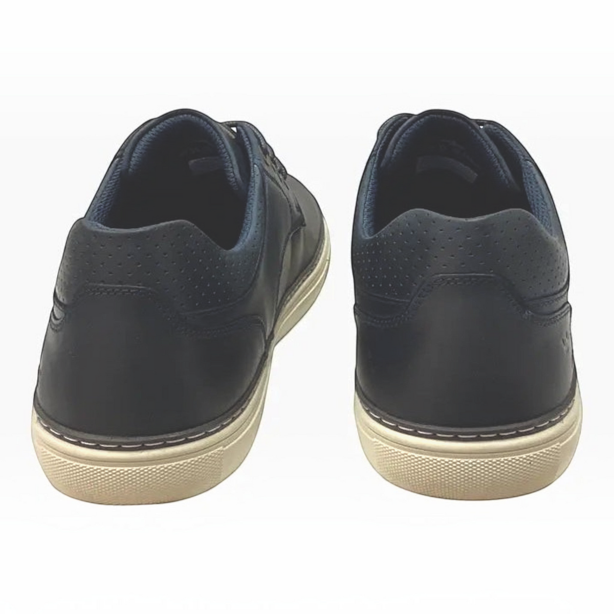 The Shoe Shop Border casual sneakers in navy leather featuring a perforated heel collar and white rubber outsole.