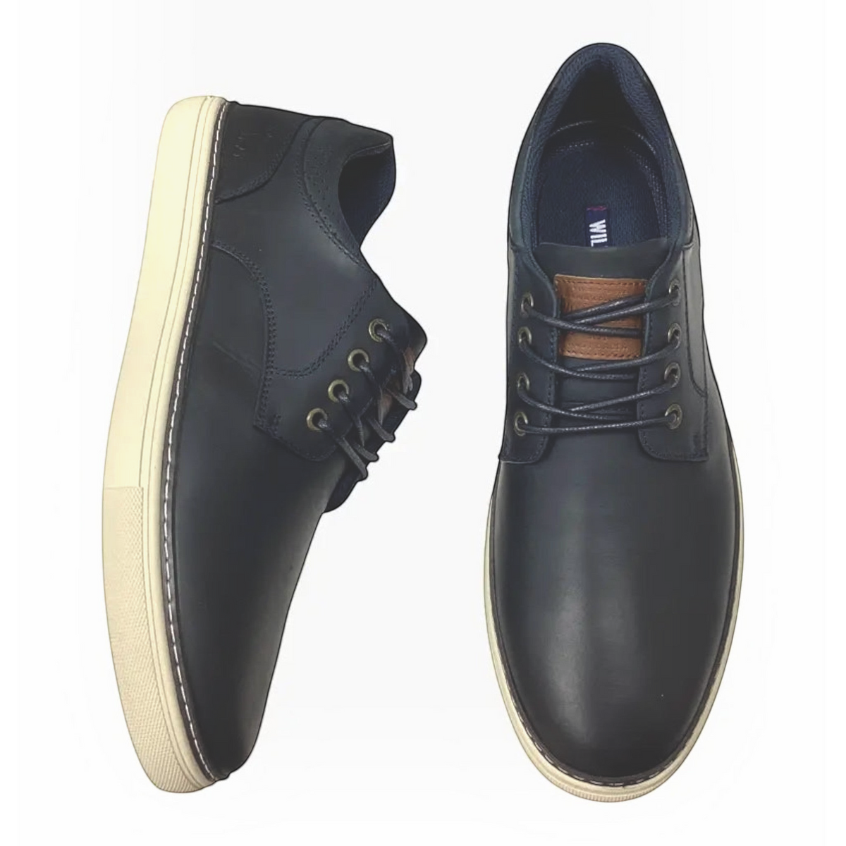 The Shoe Shop Border casual men's navy leather sneakers with a white rubber sole and brown tongue detail
