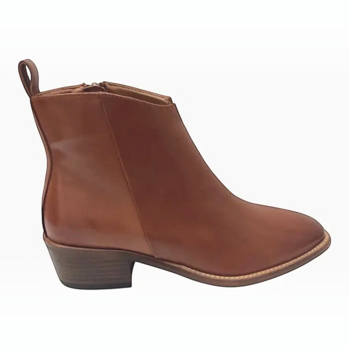 The Shoe Shop EOS Ilan brandy leather ankle boot with a low stacked heel, side zip, and back pull tab.