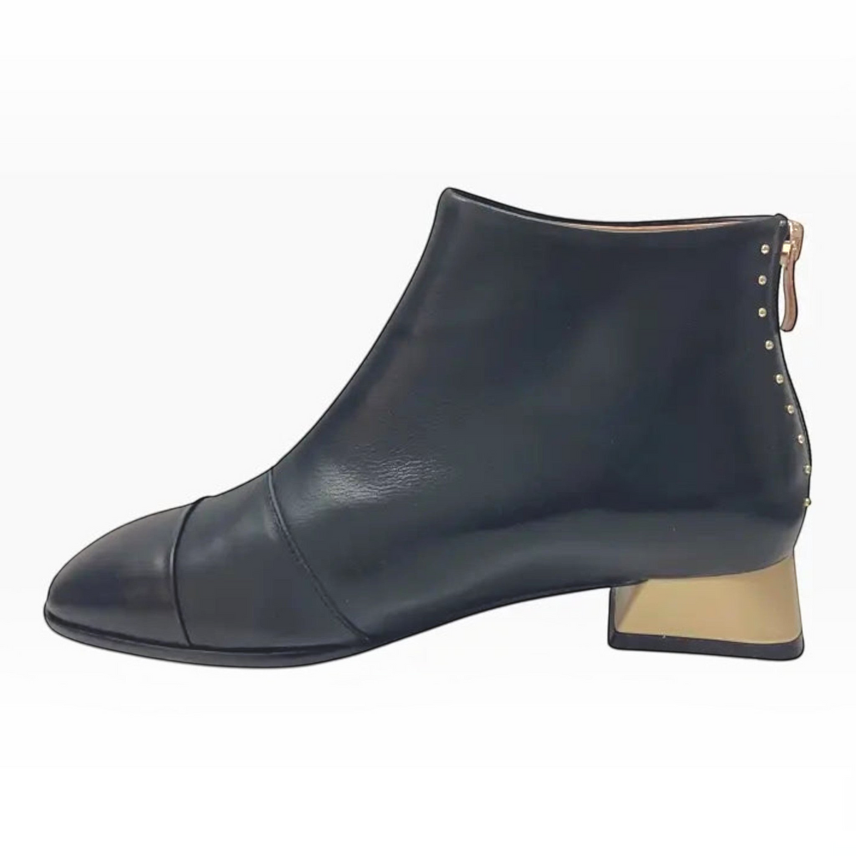 The Shoe Shop Bresley Demon black leather ankle boot with gold block heel and rear stud detailing