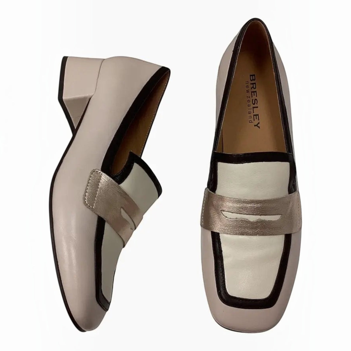 The Shoe Shop BRESLEY DENIAL leather loafers in cream and metallic gold with a block heel and modern strap detail.