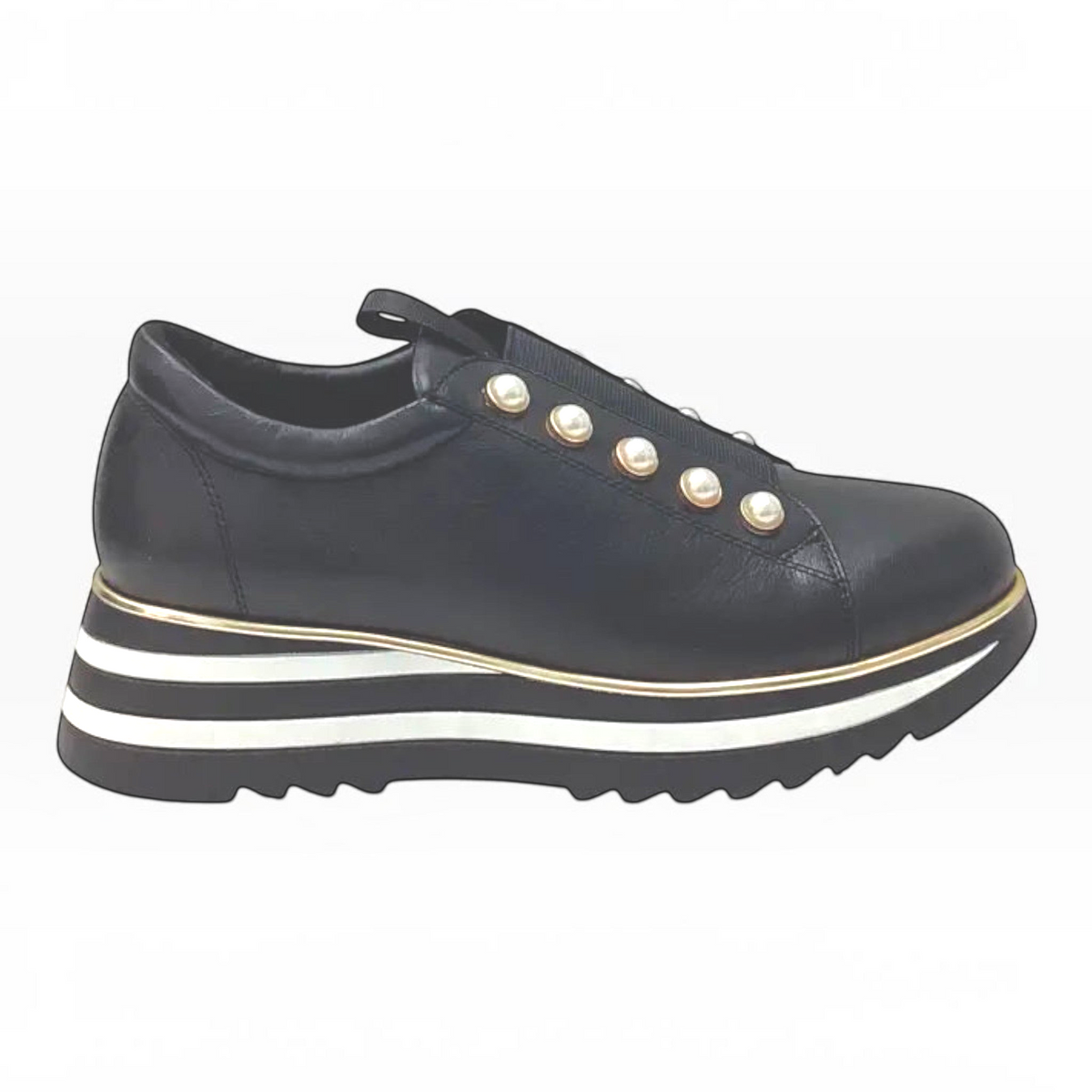 The Shoe Shop Bresley Gyro black leather platform sneaker with pearl-studded strap and striped flatform sole.