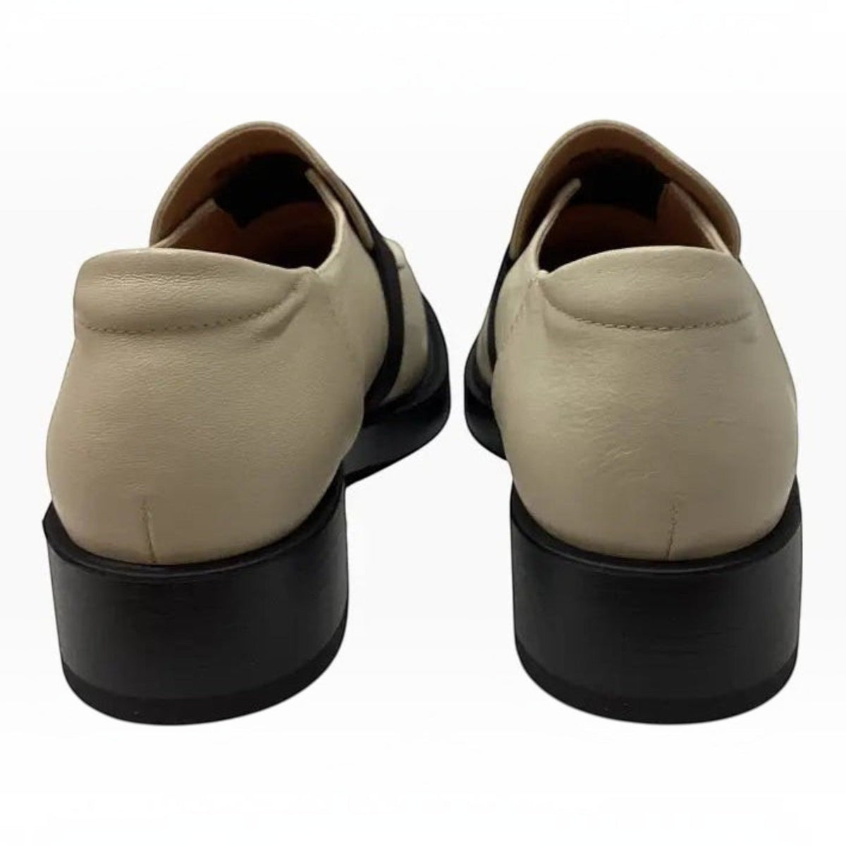 The Shoe Shop Bresley Penmark cream leather slip-on loafers with a black block heel and elastic band detail