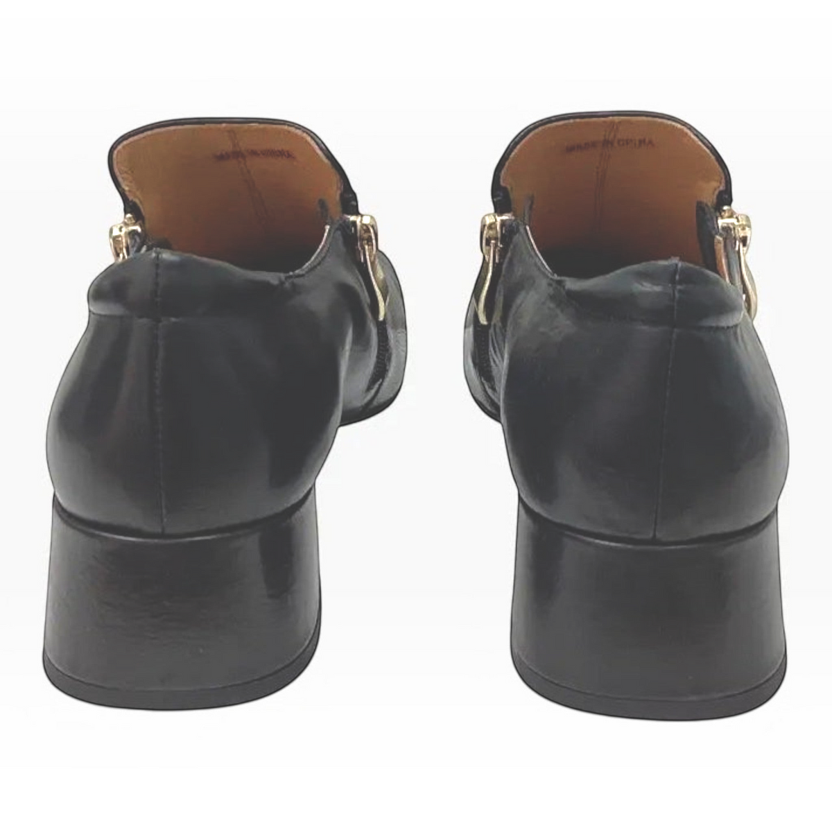 The Shoe Shop Bresley Sarto black leather block heel shoes with gold-tone side zip detail, rear view.
