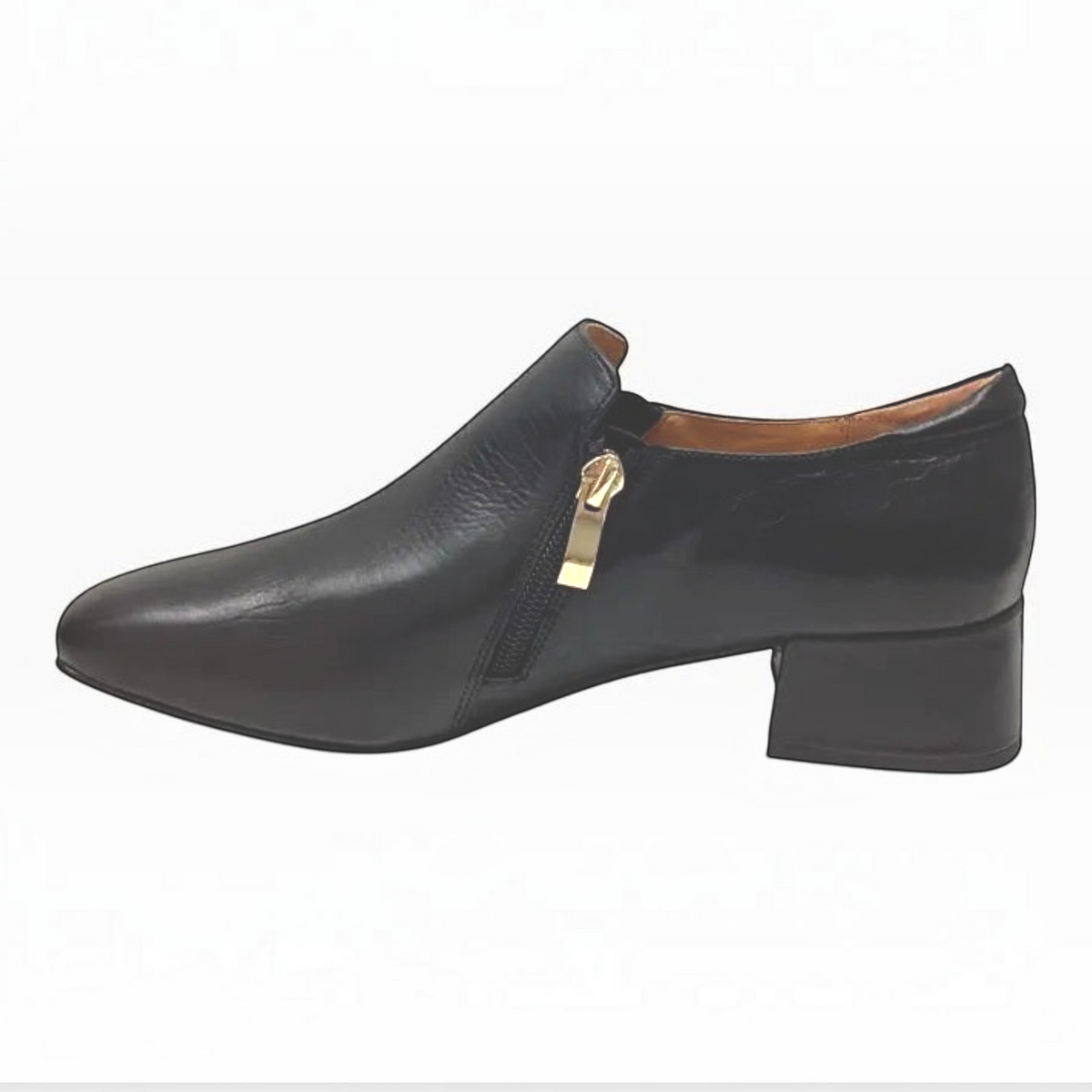 The Shoe Shop Bresley Sarto black leather block heel shoe with gold-tone side zip detail