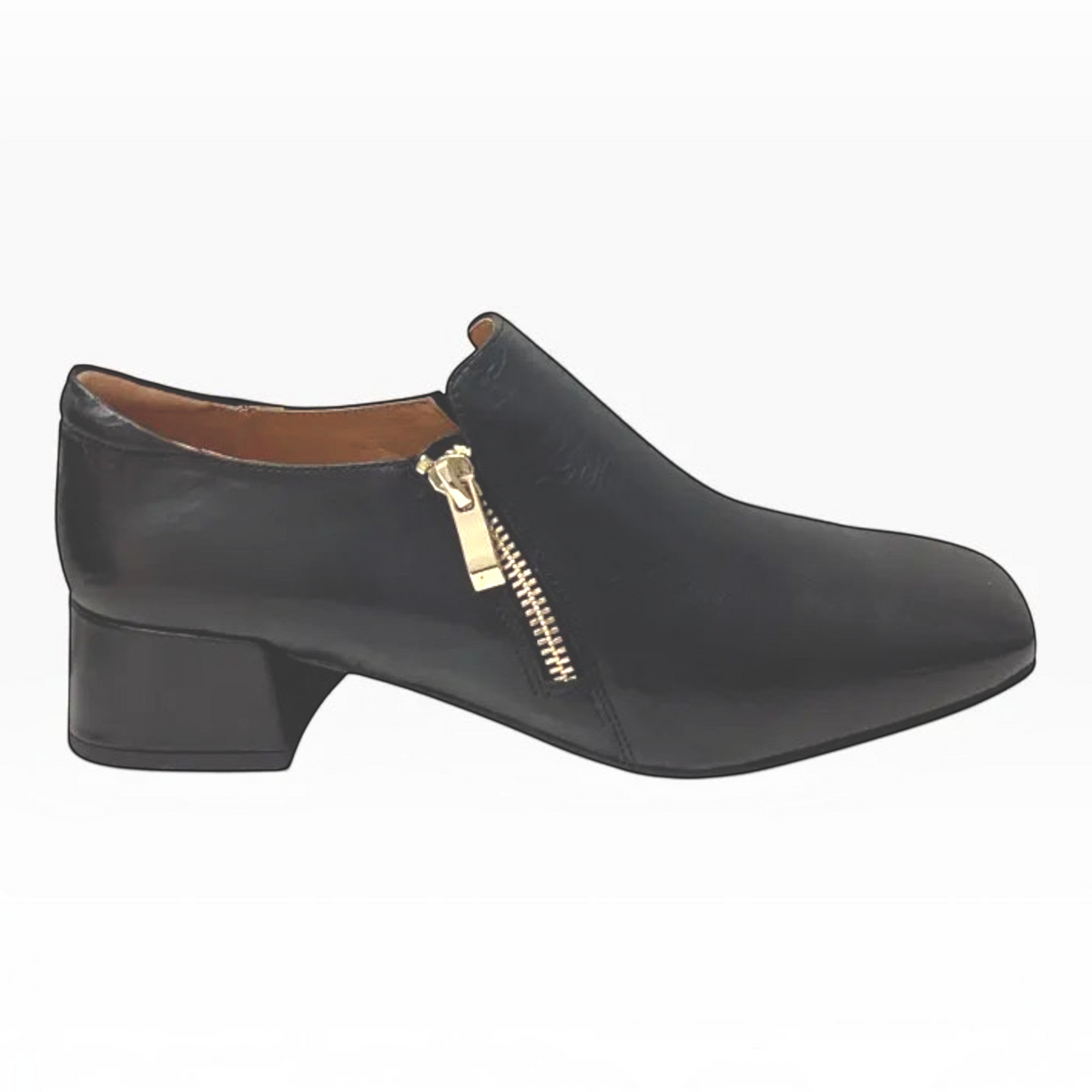 The Shoe Shop Bresley Sarto black leather block heel shoe with a gold-tone side zip detail.