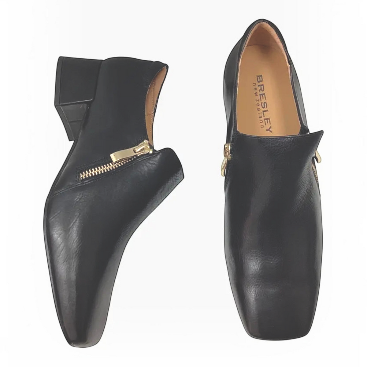 The Shoe Shop Bresley Sarto black leather block heel shoes with gold-tone side zip detail