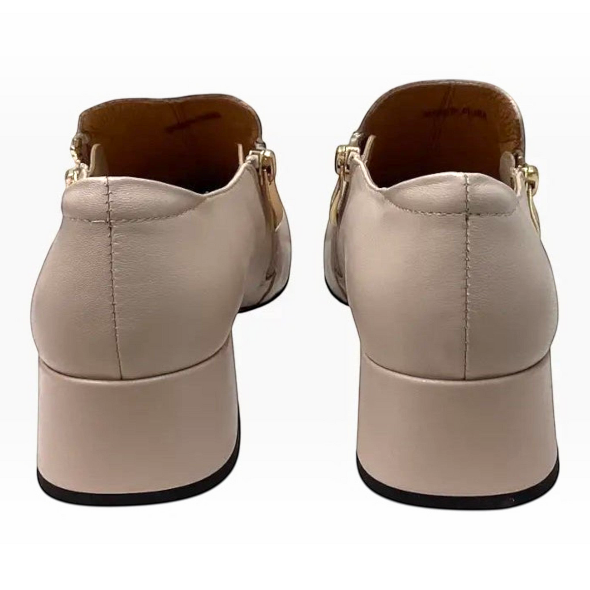The Shoe Shop Bresley Sarto nude leather block heel shoes with gold side zip detail, viewed from the back.