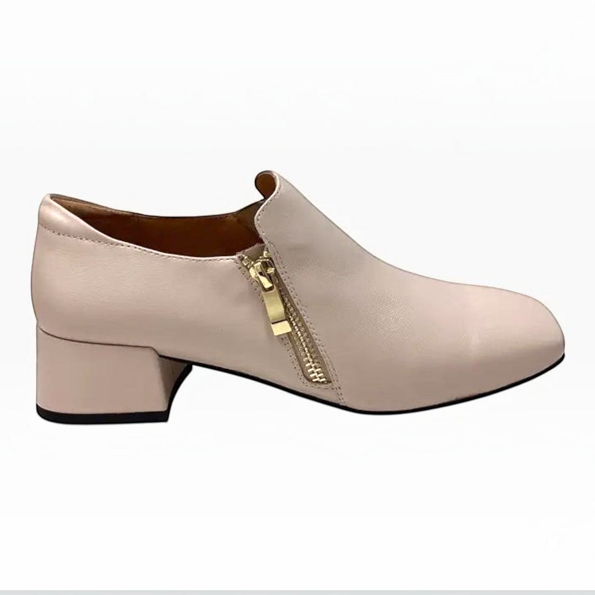 The Shoe Shop Bresley Sarto nude leather block heel shoe with gold-tone side zip detail and cushioned insole.