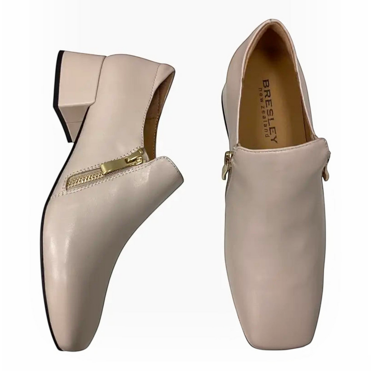 The Shoe Shop Bresley Sarto nude leather block heel shoes with gold-tone side zip detail.