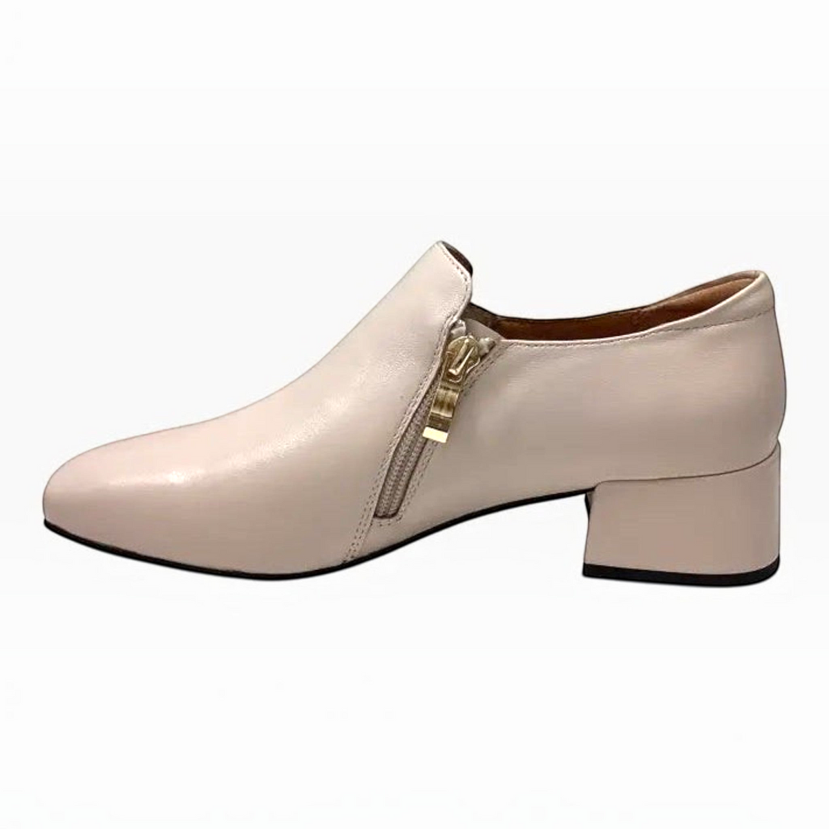 The Shoe Shop Bresley Sarto nude leather low block heel shoe with gold side zip detail