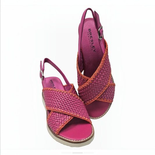The Shoe Shop Bresley Shayna hot pink woven sandals with adjustable ankle straps and a comfortable platform sole.