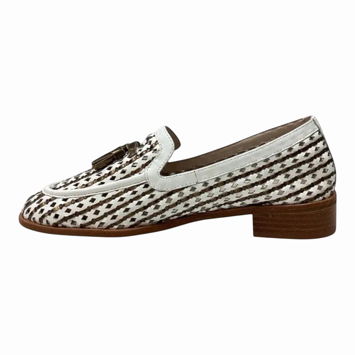 The Shoe Shop Bresley white and metallic woven leather loafer with gold tassel detail and low block heel