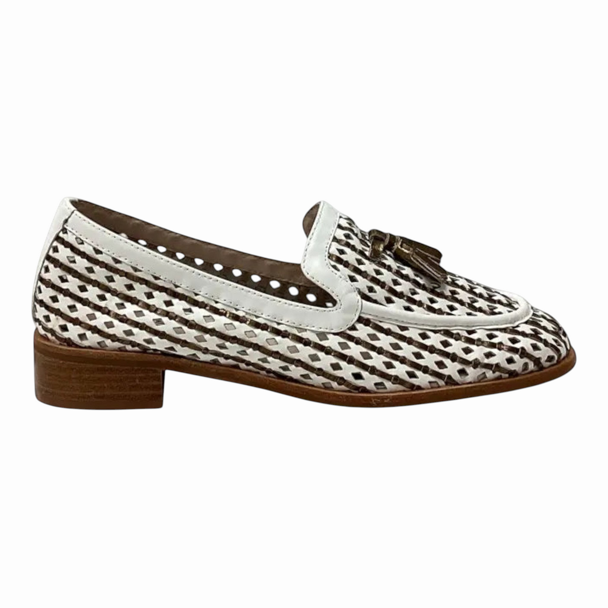 The Shoe Shop Bresley woven leather loafers in white and brown with a decorative tassel and low block heel.