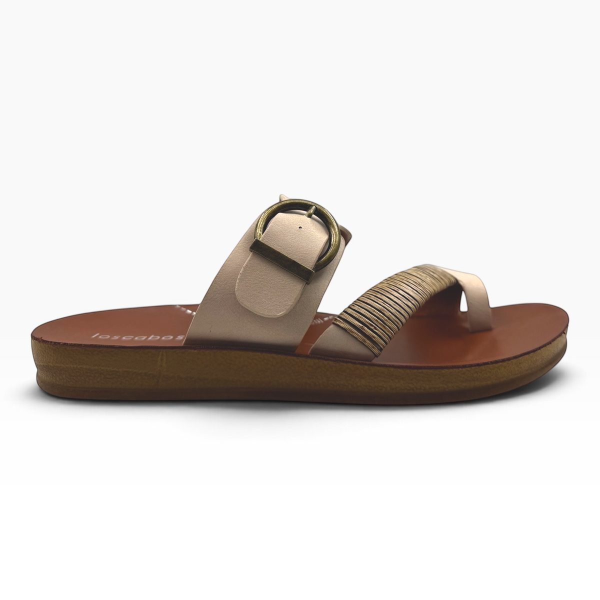 The Shoe Shop Bria sandal featuring a bamboo-wrapped toe strap, antique-style buckle, and a comfortable 20mm heel.