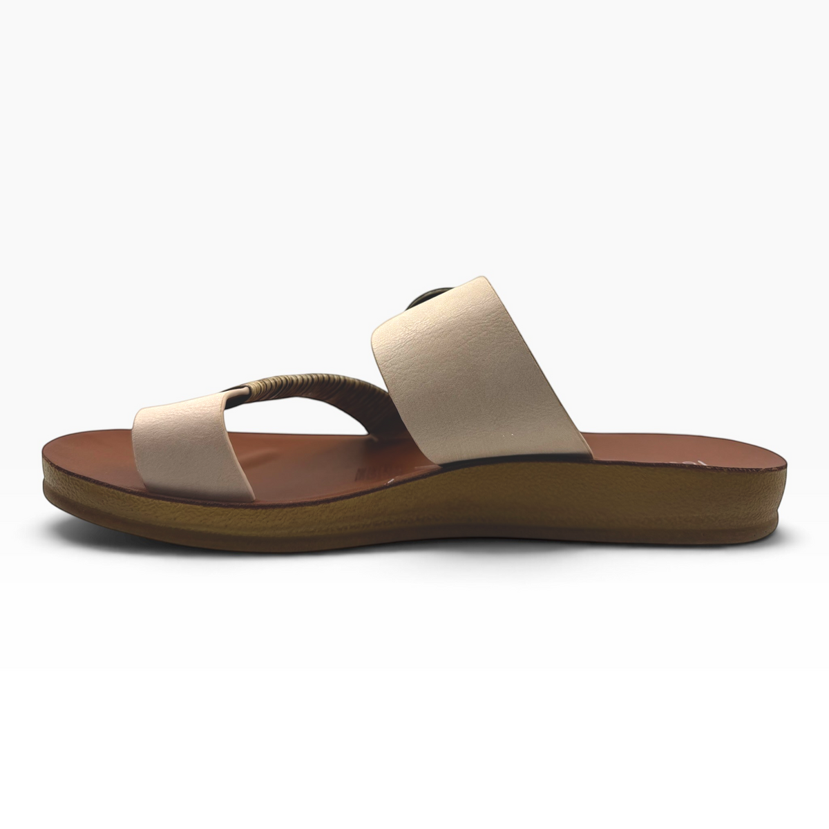 The Shoe Shop Bria sandal featuring a beige strap with bamboo detailing and a comfortable 20mm heel for summer wear.