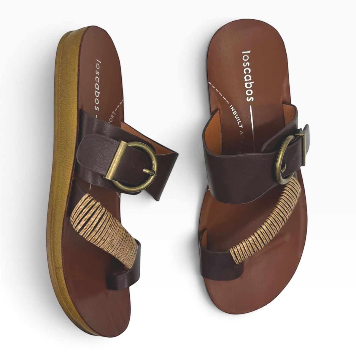 The Shoe Shop Bria sandal in brown with a natural bamboo-wrapped toe strap and antique-style buckle detail.