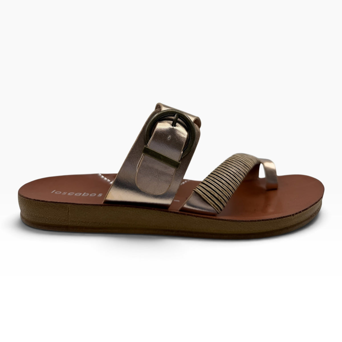 The Shoe Shop Bria sandal in metallic gold with a bamboo-wrapped toe strap and antique-style buckle detail.