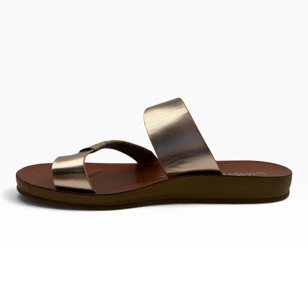 The Shoe Shop Bria sandal in metallic gold with a bamboo-wrapped toe strap and a comfortable 20mm flexible sole.