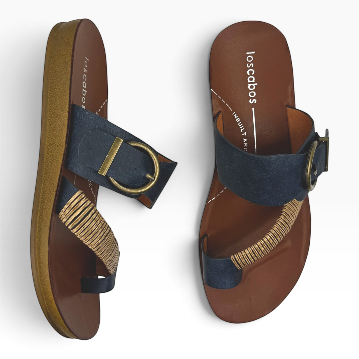 The Shoe Shop Bria sandal featuring navy straps, antique buckle, and natural bamboo-wrapped toe detail on brown sole.