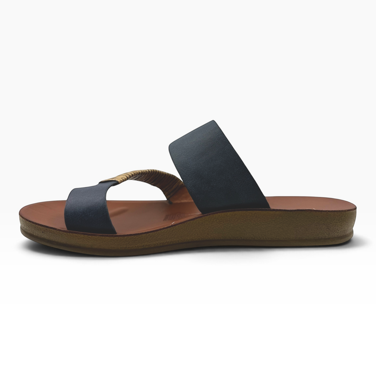 The Shoe Shop Bria sandal featuring a navy strap with bamboo-wrapped detail and a comfortable 20mm brown wedge heel.