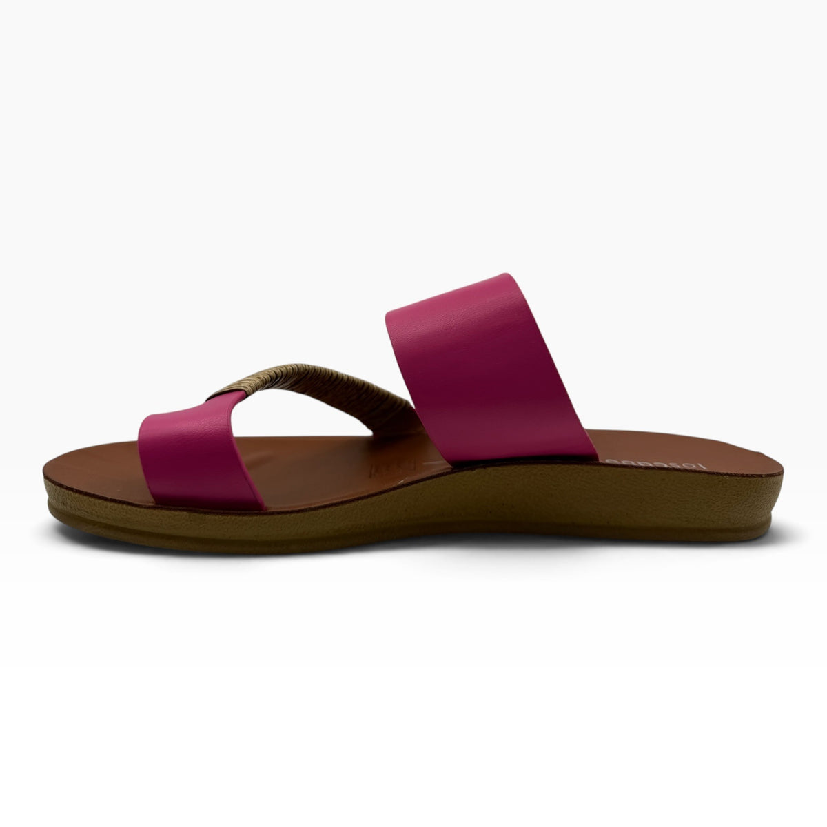 The Shoe Shop Bria sandal in vibrant pink with a natural bamboo-wrapped toe strap and a comfortable low heel.