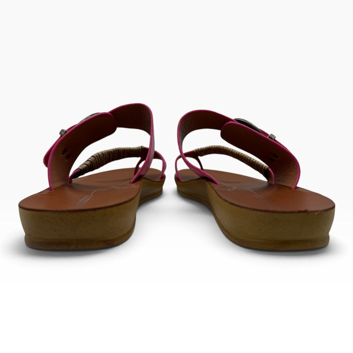 The Shoe Shop Bria pink sandals with bamboo-wrapped toe straps and antique buckle detail, back view.
