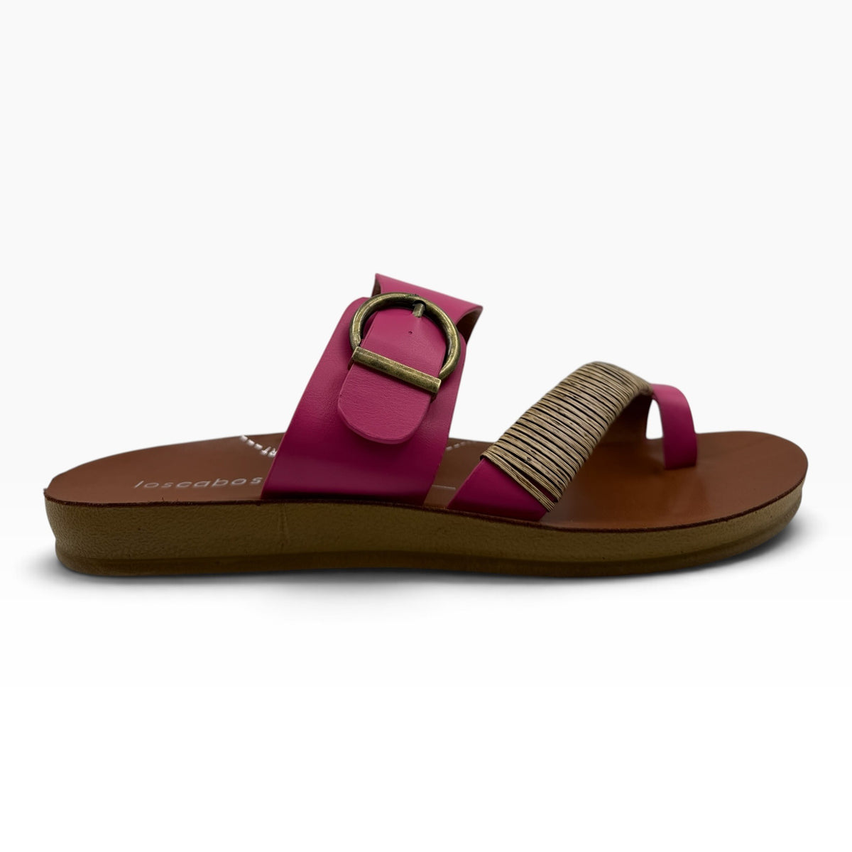 The Shoe Shop Bria sandal in vibrant pink with a bamboo-wrapped toe strap and antique-style buckle detail.