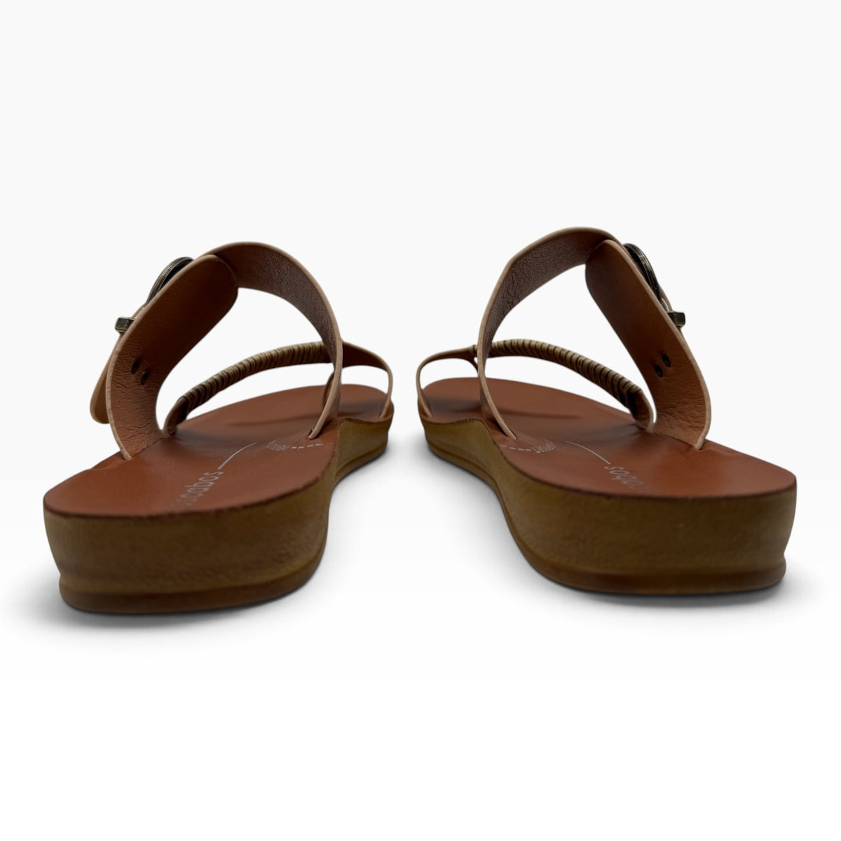 The Shoe Shop Bria sandals featuring a brown flexible sole, bamboo-wrapped toe strap, and antique-style buckle detail.