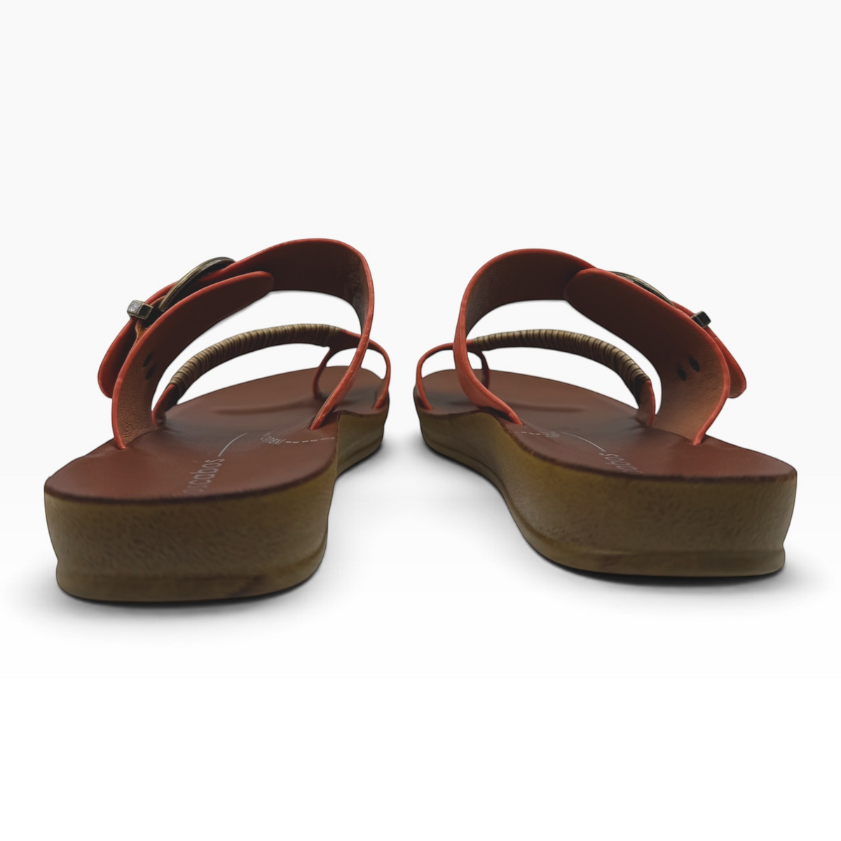 The Shoe Shop Bria sandals featuring orange straps, bamboo-wrapped toe detail, and antique-style buckles from the back.