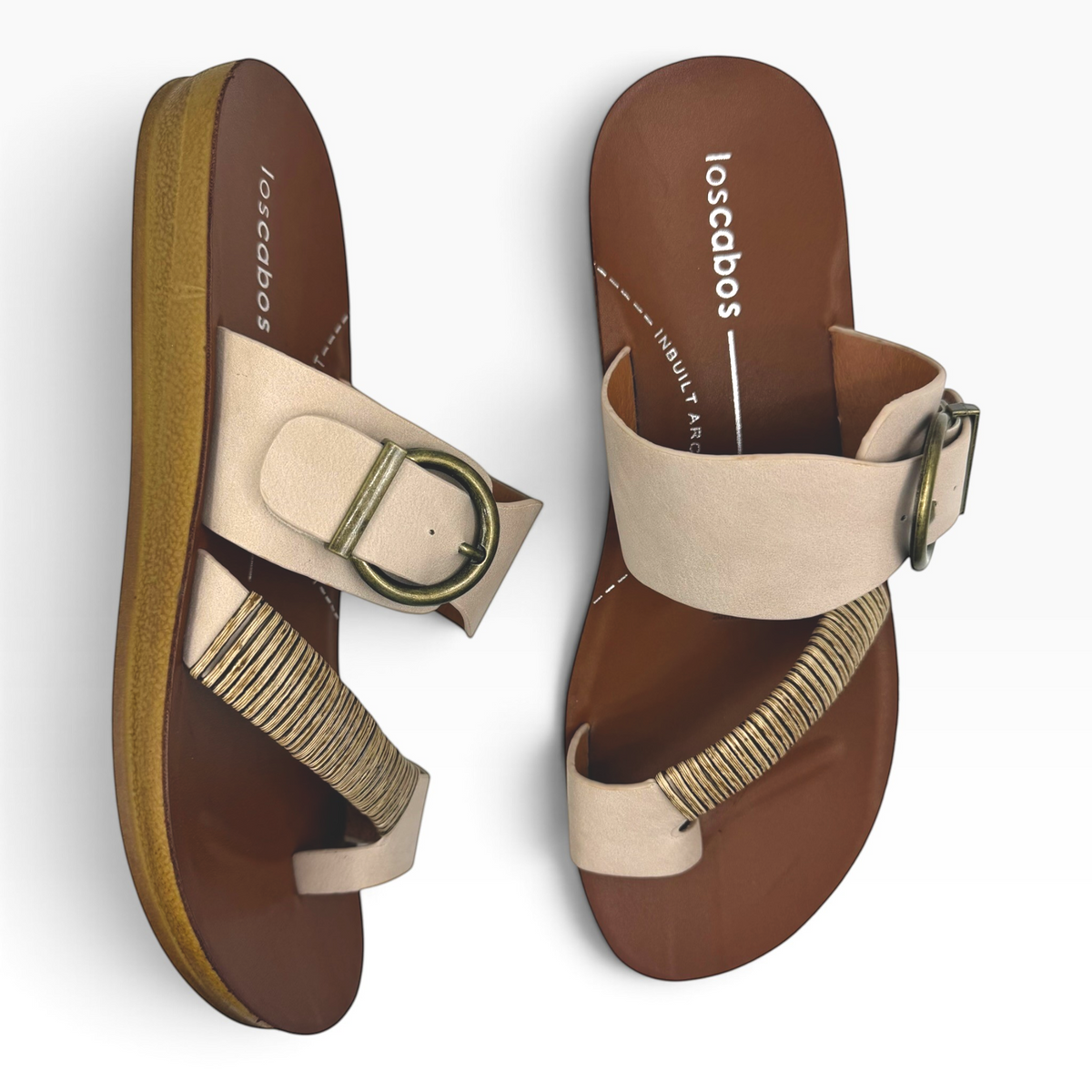 The Shoe Shop Bria sandal featuring beige straps, antique buckle detail, and a natural bamboo-wrapped toe loop.