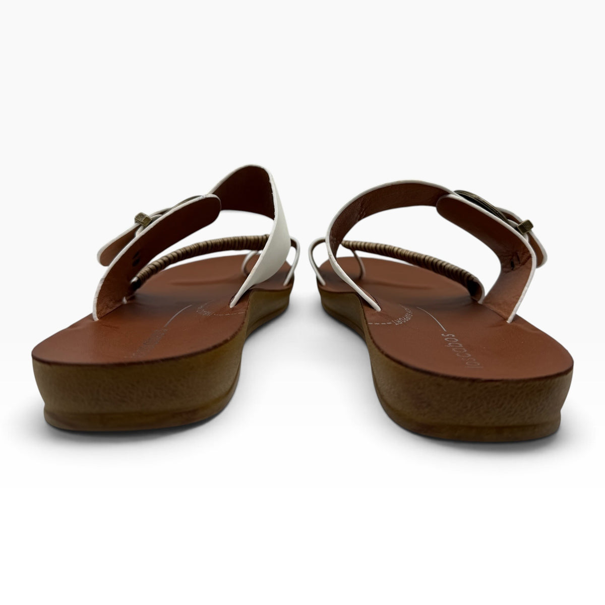 The Shoe Shop Bria sandals featuring white straps, bamboo-wrapped toe detail, and a 20mm heel, rear view.