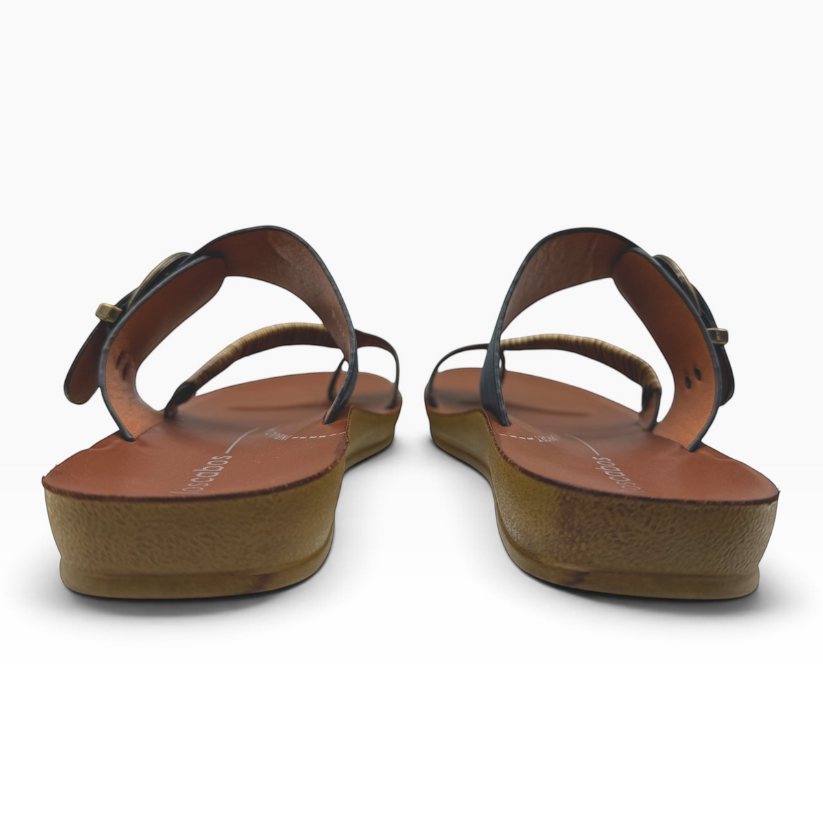 The Shoe Shop Bria sandal featuring a bamboo-wrapped toe strap, antique buckle, and a 20mm heel, rear view.