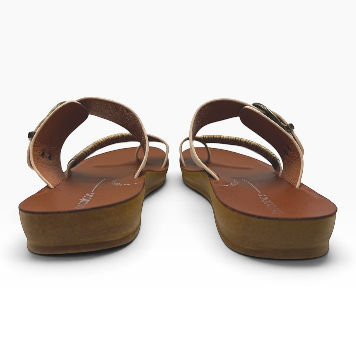 The Shoe Shop Bria sandals featuring a bamboo-wrapped toe strap, antique buckle, and 20mm heel, rear view.