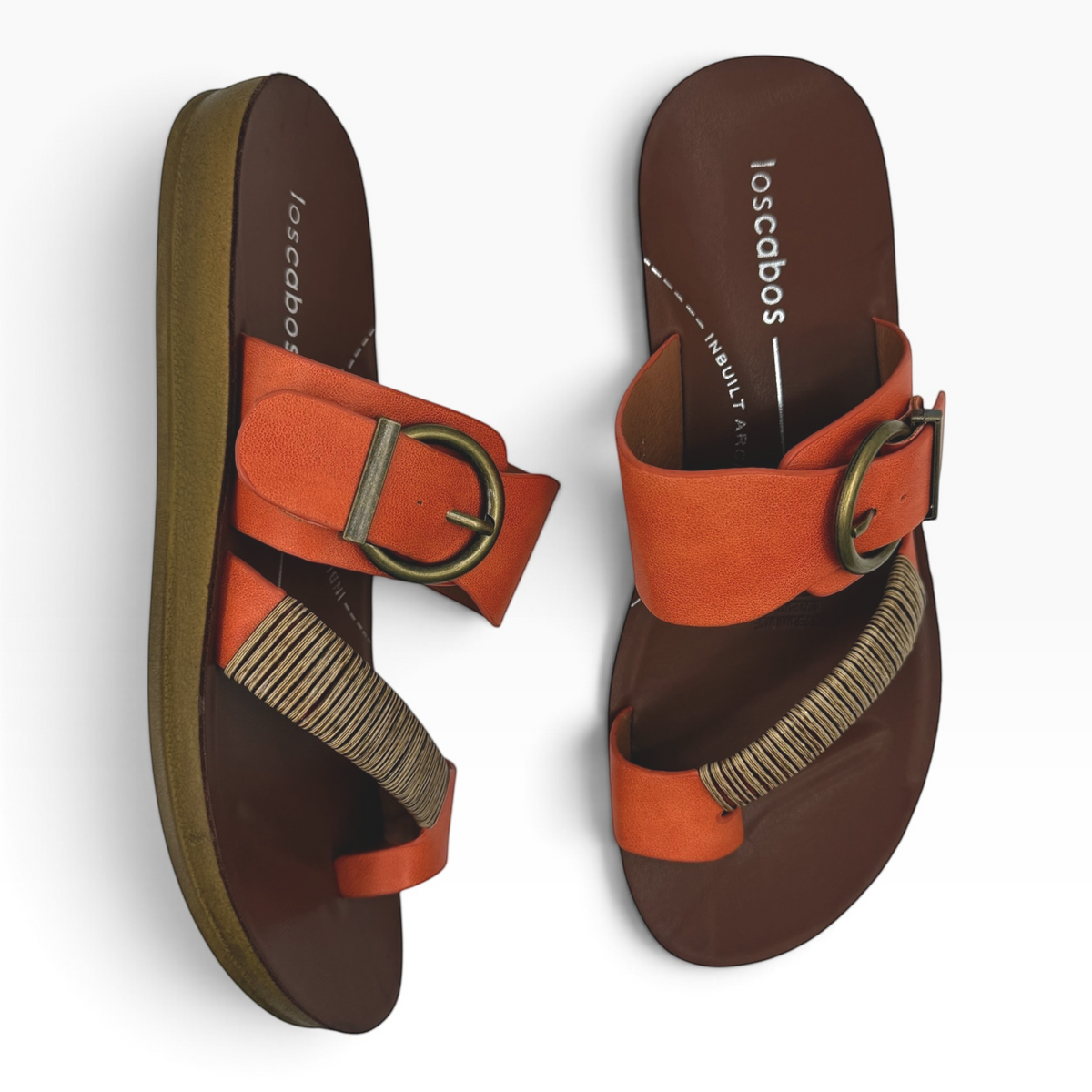 The Shoe Shop Bria sandal in tan with a bamboo-wrapped toe strap, antique buckle, and 20mm heel, top-down view.