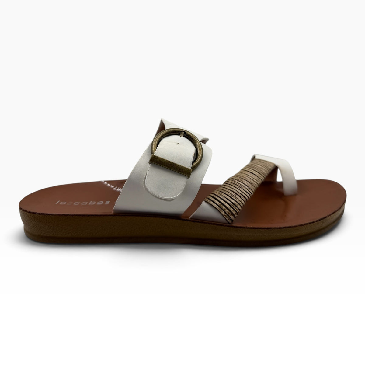The Shoe Shop Bria white sandal with bamboo-wrapped toe strap, antique buckle, and flexible brown sole.