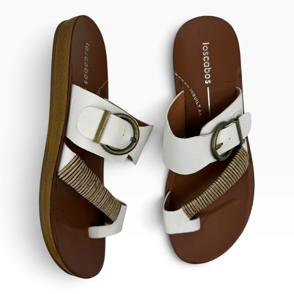 The Shoe Shop Bria white sandals with bamboo-wrapped toe strap, antique buckle, and brown footbed, top-down view.
