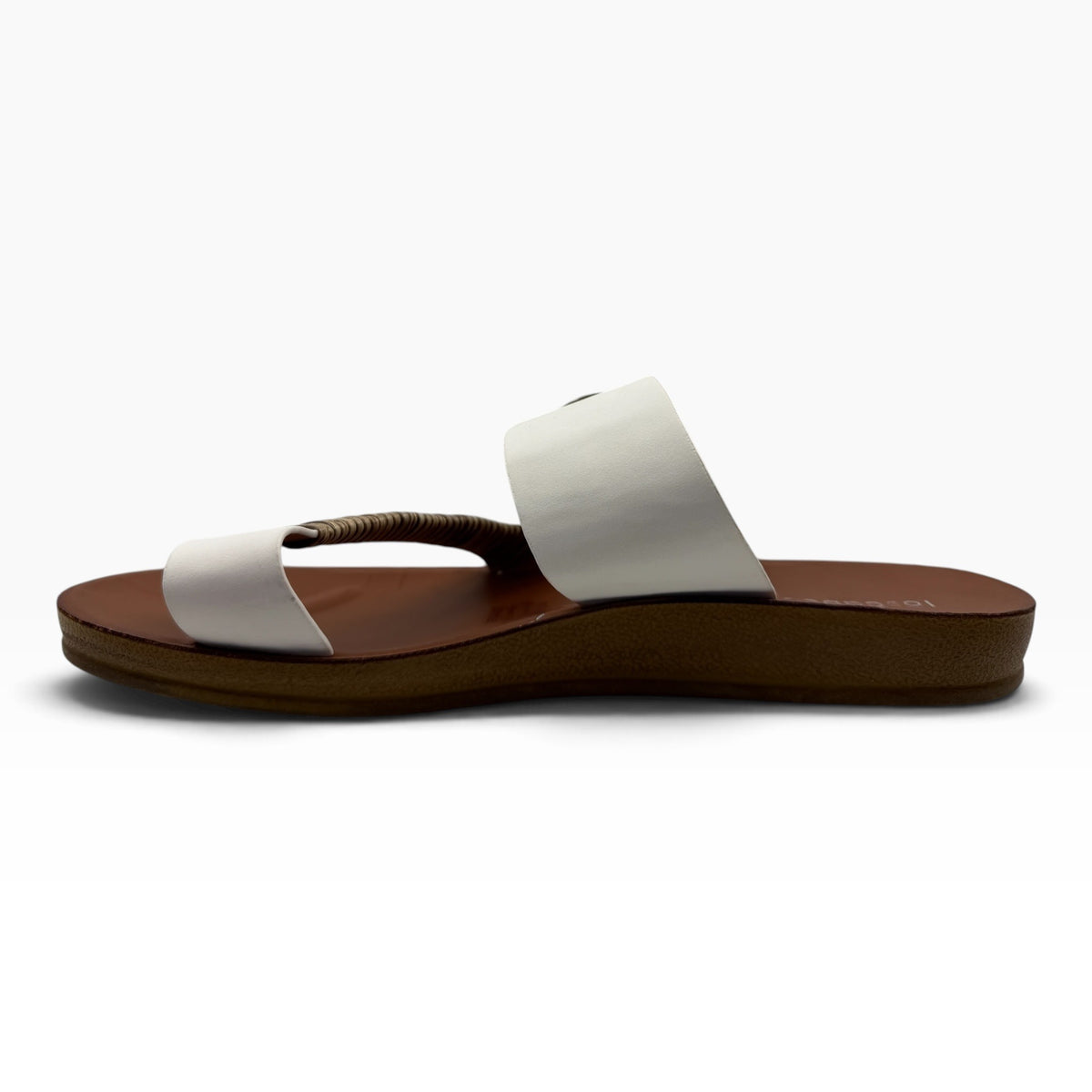The Shoe Shop Bria white summer sandal with a bamboo-wrapped toe strap and a 20mm heel, side view.