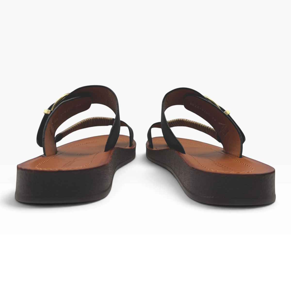 The Shoe Shop Bria Wide black leather sandals with a thick brown platform sole and gold buckle detail