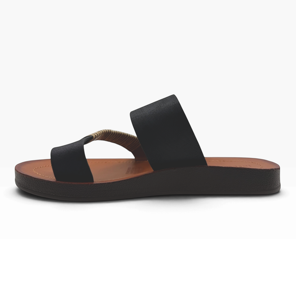 The Shoe Shop Bria Wide black slide sandals with a comfortable brown footbed and textured strap detail